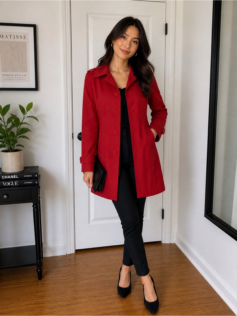 le chateau Vibrant Red Single-Breasted Trench Coat